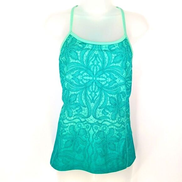 ATHLETA Teal and Dark Green Abstract Printed Strappy Built In Bra Tank Top XS - Picture 1 of 11